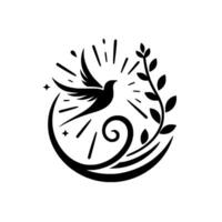 A stylized black and white emblem featuring a dove in flight, surrounded by radiant lines, a leafy sprig, and swirling decorative elements, symbolizing peace and serenity. vector