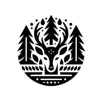 A Stylized Black and White Deer Head Within a Circle, Framed by Pine Trees, Leaves, and Decorative Snow, evoking a Winter Forest Scene. vector