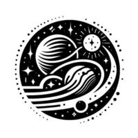 Cosmic Monochromatic Emblem Celestial Spheres, Stars, and Sun Within a Circular Boundary, Representing Universe vector