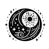 Celestial Yin Yang Black and White Art Depicting Sun, Moon, and Stars in a Symbolic Circular Composition with Geometric Elements. vector