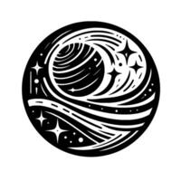 Stylized celestial illustration in a circular composition, featuring a planet, flowing lines representing cosmic energy, and starbursts on a contrasting background. vector