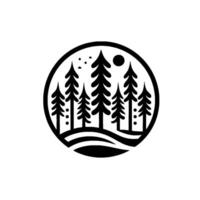 Black and White Minimalist Forest Silhouette Inside a Circle with Trees, Moon, and Stars, Evoking a Sense of Tranquility vector