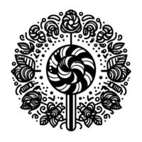 Intricate Black and White Floral Lollipop Illustration with Swirl and Decorative Botanical Elements, Circular Pattern vector