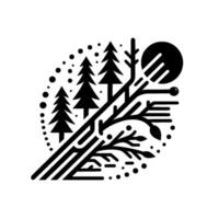 Abstract black and white naturethemed geometric with stylized trees, sun, and branches, enclosed in a circular arrangement. vector