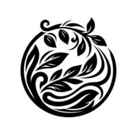 Intricate Black and White Floral Encased in a Circle, Featuring Leaves, Vines, and Curlicues, Suggesting Nature and Elegance. vector
