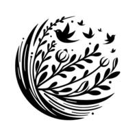 Symbolic black and white circular artwork featuring flying birds, botanical elements, and a minimalist floral representing freedom and natures harmony. vector