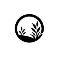 Minimalist black and white botanical emblem featuring two stylized plants within a circular frame, representing growth. vector