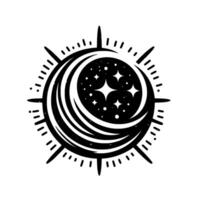 Black and White Stylized Celestial Compass Moon and Starry Night within a Circle, with Radial Lines vector