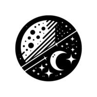 Celestial Sphere A Geometric Black and White Illustration Featuring a Moon, Stars, and Planetary Elements Within a Circular . vector
