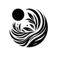 Black and white minimalist artwork depicting a circular composition with a sunlike orb and stylized plantlike elements, evoking nature and harmony. vector