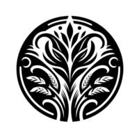 A symmetrical, stylized black and white floral within a circular frame, evoking nature and elegance. vector