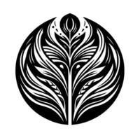 Symmetrical Black and White Floral Emblem A stylized, intricate botanical illustration with a circular , showcasing a layered leaf pattern and symmetrical arrangement. vector