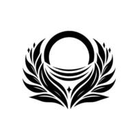 A symmetrical black and white emblem composed of a central ringlike shape, surrounded by stylized leaves and lines. vector