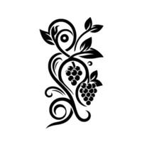 Elegant Black and White Grape Vine with Decorative Swirls, Leaves, and Fruit, a Minimalist and Artistic Composition. vector
