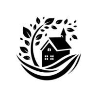 Black and white minimalist featuring a house nestled within a leafy, stylized tree and rolling hills, symbolising nature and home. vector