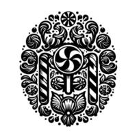 Symmetrical Black and White Candy Composition with Swirl Lollipop, Striped Canes, and Floral Elements in a Circular Pattern. vector