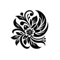 Intricate Black and White Floral Ornament with Delicate Leaves and Swirls, Isolated on a White Background. vector