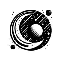 Stylized celestial composition a black and white illustration of a planet with a central moon, stars, and comet trails. vector