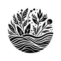 Stylized Black and White Floral Composition within a Circle Featuring Watery Base and Various Plant Types. vector