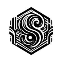 Intricate Black White Geometric A Stylized S Within a Hexagonal Frame. A Modern with Swirling Forms and Straight Lines. vector
