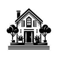 Minimalist Black and White Illustration of a House with Chimney, Trees, Bushes, and a Striped Porch, Evoking a Sense of Calm and Simplicity. vector