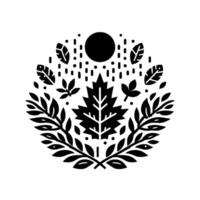 Symmetrical monochrome botanical illustration of a central leaf surrounded by branches, leaves, dots, and a circle, representing nature. vector