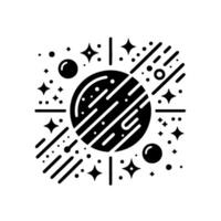 Black and white minimalist illustration featuring a planet with diagonal stripes and dotted trails, surrounded by stars, celestial spheres, and lines, evoking a sense of cosmic . vector