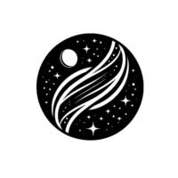 Black and White Circular Moon, Stars, and Flowing White Lines Suggesting Celestial Movement within a Cosmic Sphere. vector