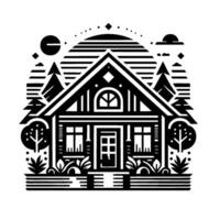 Geometric Black and White Illustration of a Cabin Nestled in a Forest with a Stylized Sun and Landscape. vector