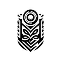 Bold, symmetrical black and white tribal featuring stylized animalistic features, geometric shapes, and a central eyelike symbol within an oval composition. vector