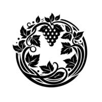 A symmetrical, minimalist, blackandwhite emblem of a grape cluster encircled by a vine and stylized leaves, perfect for winerelated branding. vector
