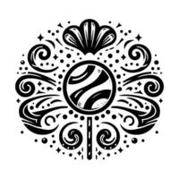 Circular Black White Pattern with a Central Lollipop Motif Surrounded by Ornate Swirls, Dots, and Starbursts vector