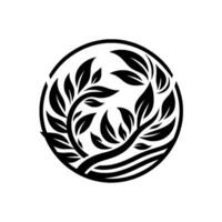 Circular Black and White Illustration of a Tree with Leaves and Branches Encased in a Circle, Featuring a NatureInspired . vector