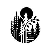 Minimalist Black and White Forest Circle Silhouette with Pine Trees, Mountain, and Moon. Naturethemed . vector