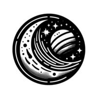 Monochrome Cosmic Emblem Celestial Sphere with a Striped Planet, Stars, and Abstract Wave in a Circular . vector