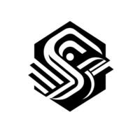 Abstract Black and White Geometric featuring a stylized, angular birdlike form within a hexagonal frame with a single white dot. vector