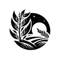 Black and white round with a plant in the center, night sky background with moon and stars, stylized landscape with a field. vector