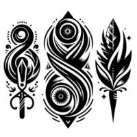 Intricate black and white tribalinspired artwork showcasing three stylized elements an ornate key, a swirling figure, and a detailed feather, each with unique geometric and ornamental designs. vector