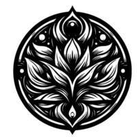 Intricate black and white circular illustration of a stylized lotus flower with layered petals, surrounded by cosmic elements. vector
