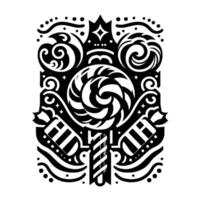 Ornate, symmetrical, blackandwhite depicting a swirling lollipop at the center, flanked by stylized candies, crown, and elaborate decorative elements. vector