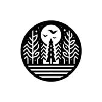 Minimalist Black White Circular Illustration Trees, Moon, Birds, and Stars within a Forest Scene, Simple Nature . vector