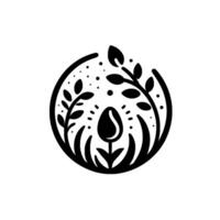Black and white minimalist floral within a circular frame, featuring a stylized tulip, leaves, and grass elements. vector