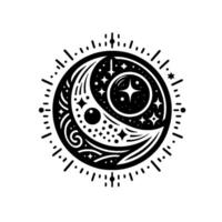 Intricate Black White Celestial Mandala Crescent Moon, Stars, and Ornate Details within a Circular . vector