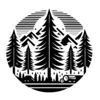 Monochrome Circular Illustration Forest Scene with Trees, Mountains, and a Stylized Sunset, evoking a sense of nature and tranquility. vector