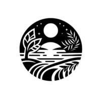 Monochromatic circular artwork depicting a stylized landscape at dusk or dawn, featuring tree, water, field, moon, stars, and foliage in silhouette. vector