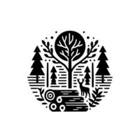 Monochrome forest scene within a circle, showcasing stylized trees, logs, a deer silhouette, and decorative details. vector