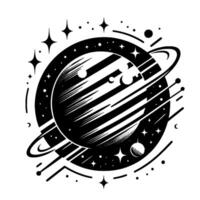 Black and White Illustration of a Planetary System with a Ringed Planet, Stars, Moons, and Geometric Lines. vector