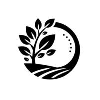 Minimalist Black and White Emblem A Tree Emerging from a Field within a Circle, Symbolizing Growth and Nature vector