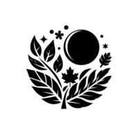 A black and white, circular featuring foliage, floral elements, and a central moon, evoking nature and celestial themes. vector