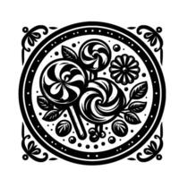 Intricate Monochrome Circular Featuring Swirl Lollipops, Floral Elements, and Decorative Border. vector